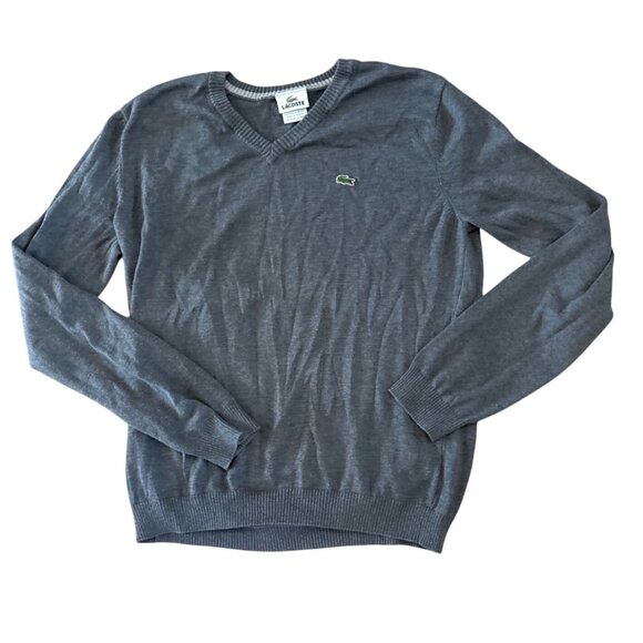 Lacoste Men Gray V-Neck Sweater Size 4 Med Cotton Long Sleeve Lightweight Preppy - Picture 1 of 6